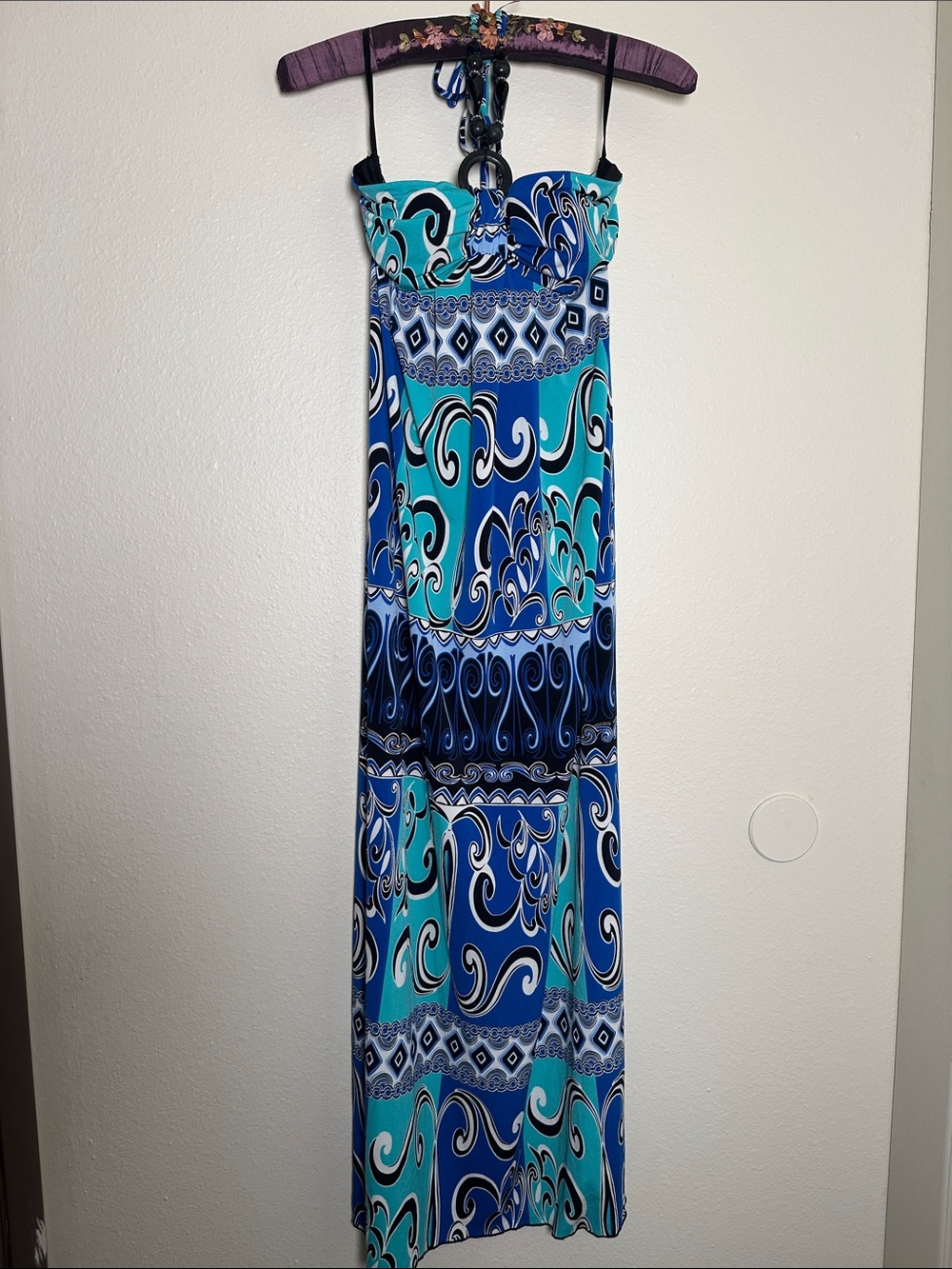 Valerie Bertinelli Blue & Teal Printed Strapless Maxi Dress